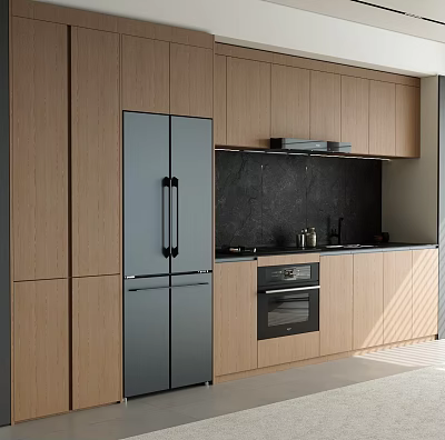 Modern Kitchen With Light Wood Cabinets Gray Refrigerator And Black Backsplash 3d model