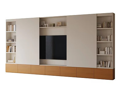 Modern Entertainment Center with Built-in TV Side Bookshelves and Wooden Drawers 3d model