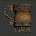 Decorative Wooden Mug with Intricate Metal Carvings Curved Handle and Ornate Base