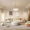 Modern Living Room Interior With Beige Sofa Round Coffee Table Chandelier And Floor Lamp