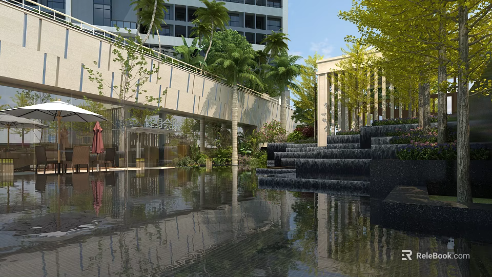 Modern Urban Square Landscape With Water Feature Stone Steps And Lush Greenery Reflection 3d model
