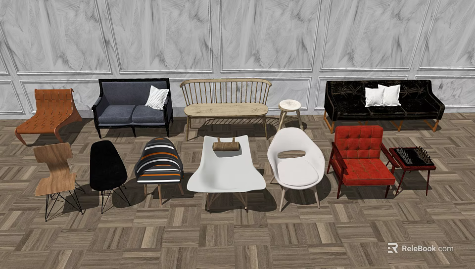 Modern Accent Chairs With Diverse Designs Upholstered Seats And Wooden Frames On Wooden Floor 3d model 