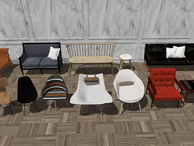 Modern Accent Chairs With Diverse Designs Upholstered Seats And Wooden Frames On Wooden Floor 3d model