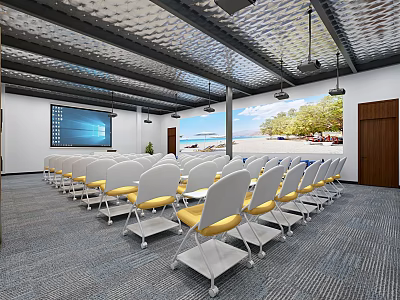 School Modern Classroom With White Yellow Seats Large Screen And Wall Art 3d model