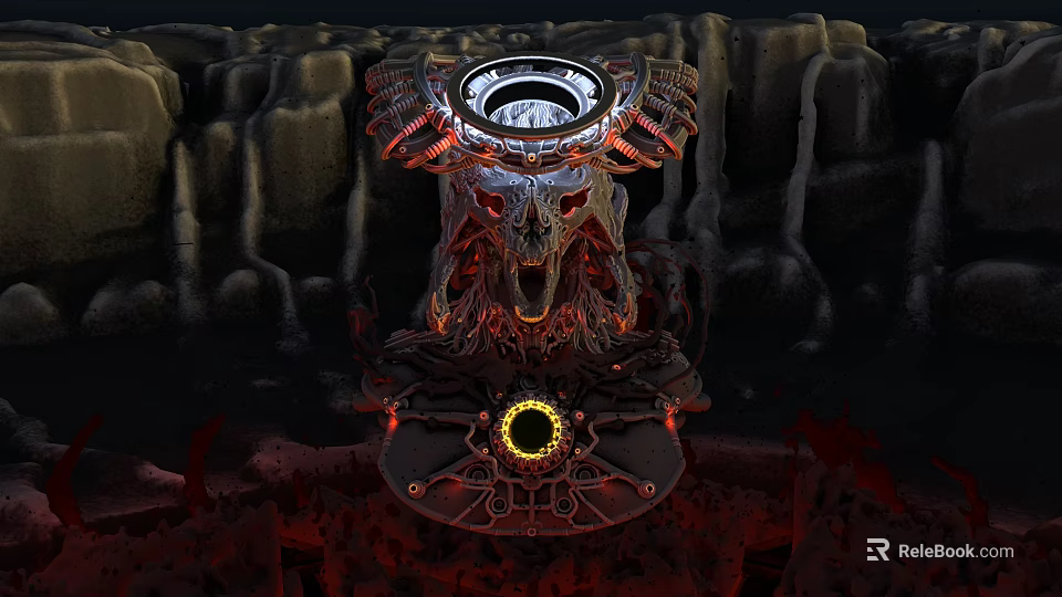 Game and Movie Character Featuring Red Black Winged Structure Circular Opening Glowing Base Rocky Backdrop 3d model 