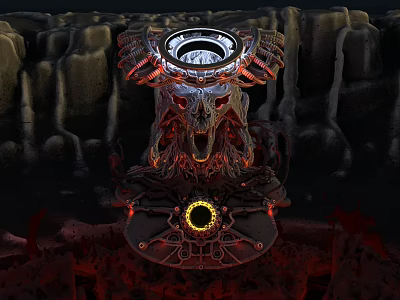 Game and Movie Character Featuring Red Black Winged Structure Circular Opening Glowing Base Rocky Backdrop 3d model