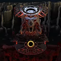 Game and Movie Character Featuring Red Black Winged Structure Circular Opening Glowing Base Rocky Backdrop
