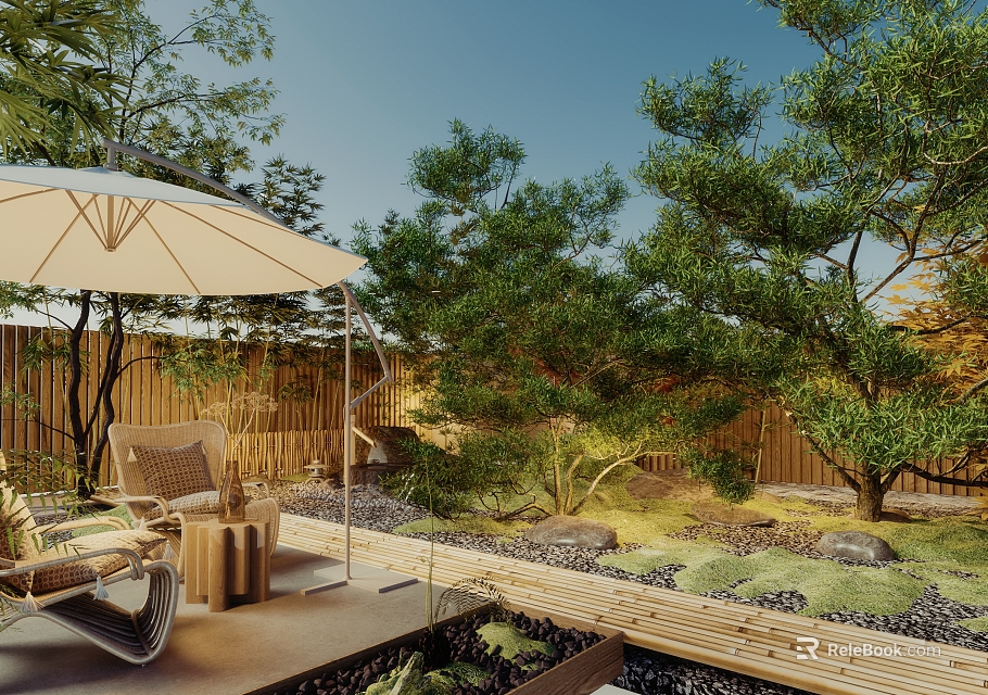 Serene Courtyard Garden With Bamboo Fence Umbrella Lounger Wooden Pathway And Green Plants 3d model 