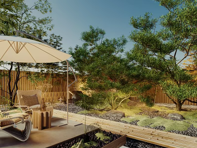 Serene Courtyard Garden With Bamboo Fence Umbrella Lounger Wooden Pathway And Green Plants 3d model