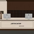 Elegant White Reception Desk With Computer Monitors Grid Backdrop And Table Lamp 3d model