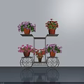 Metal Stand With Wheels Holding Multiple Bonsai Potted Plants With Pink And Red Flowers Indoor