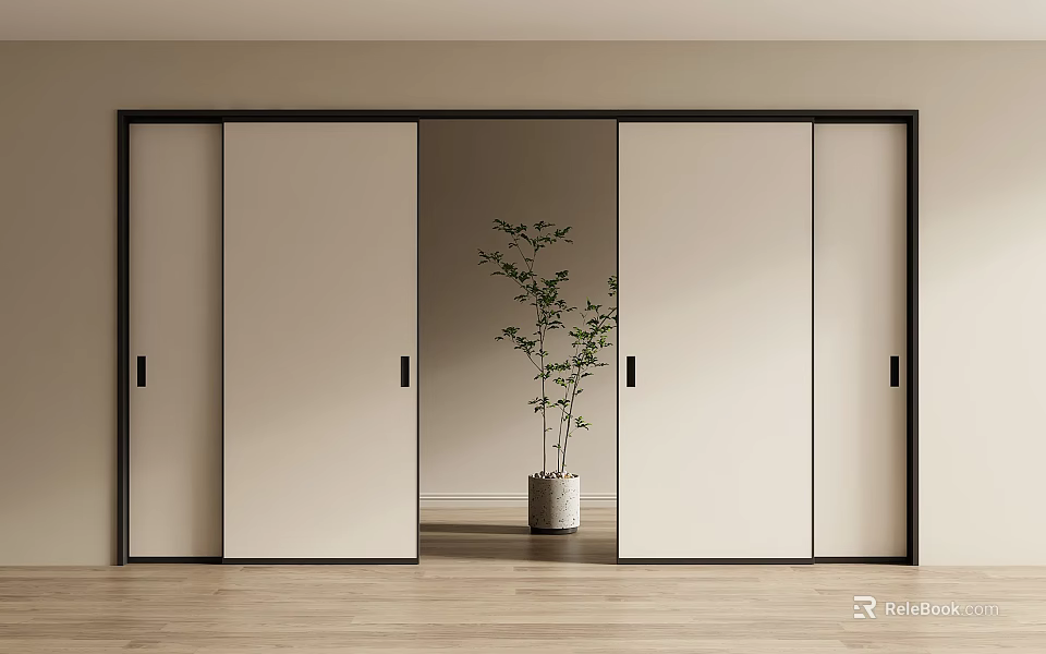 Modern Interior Sliding Doors With Black Frames White Panels Green Plant And Wooden Floor 3d model 