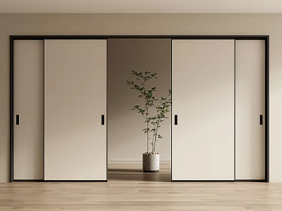 Modern Interior Sliding Doors With Black Frames White Panels Green Plant And Wooden Floor 3d model