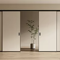 Modern Interior Sliding Doors With Black Frames White Panels Green Plant And Wooden Floor