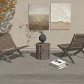 Woven Leisure Chairs With Tree Stump Table And Rug Near Paintings And Plant
