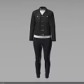 Black Denim Jacket With White Inner Top And Dark Pants For Casual Daily Outfit