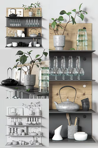 Modern Wall Shelf Supplies Wine Glass Plate Tableware Tea Set Teapot 3d model