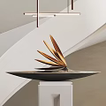 Elegant Spiral Staircase White Curved Design With Gray Steps Metal Pendant Lights And Golden Decoration