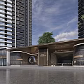 Modern High Rise Building Entrance With Circular Decorative Feature And Lush Tree
