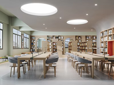 Artistic Library Interior With Bookshelves And Modern Furniture 3d model