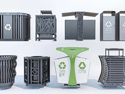 Various Designed Trash Bins With Recycling Symbols In Black Gray And Green Colors 3d model