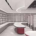 Modern Specialty Store Interior With White Shelves Red Counter And Display Areas