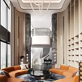 Spacious Duplex Living Room Interior With Orange Sofas White Spiral Staircase And Marble Walls