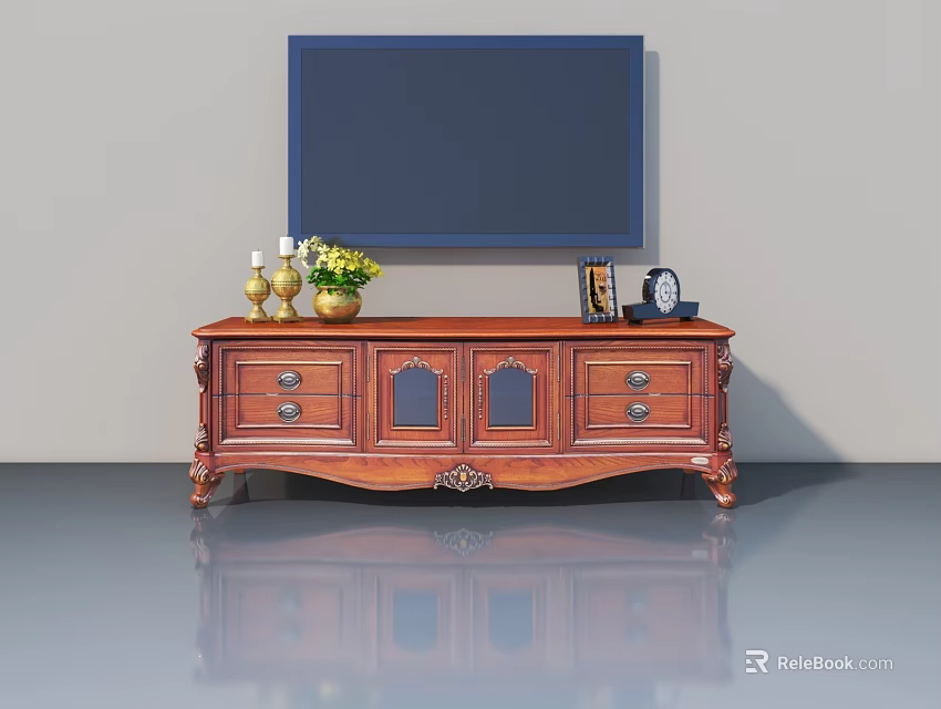 Vintage Wooden Pet Cabinet With Carved Details Drawers And Glass Doors 3d model 