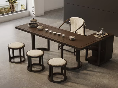 Modern Wooden Tea Table With Matching Chairs Stools And Tea Sets In Living Room 3d model