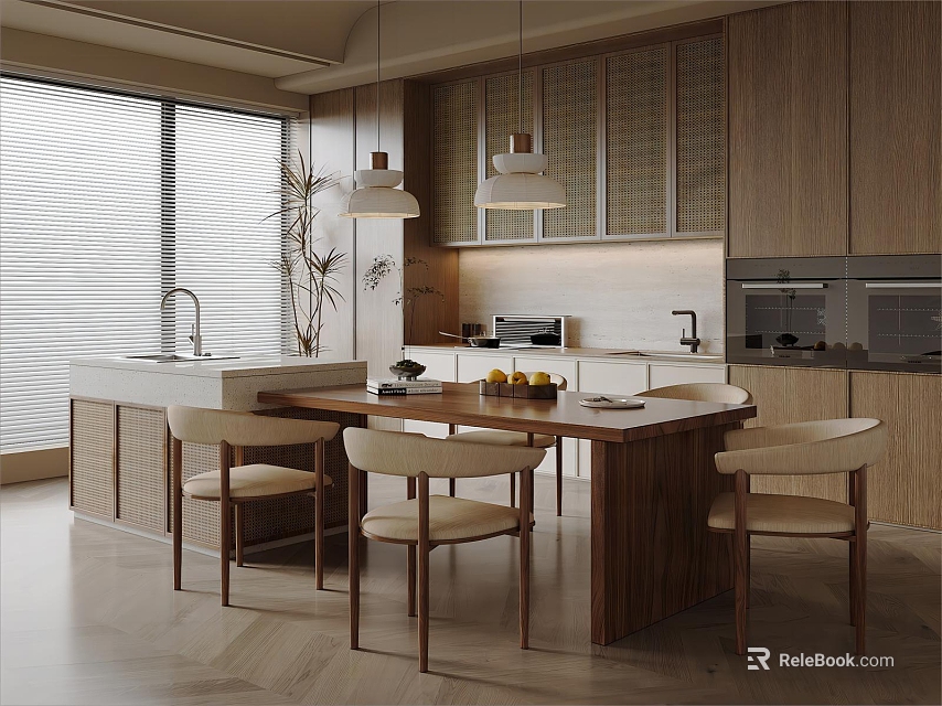 Modern Restaurant Interior Design With Wooden Dining Table And Chairs Open Layout And Hanging Lights 3d model 