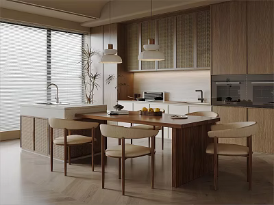 Modern Restaurant Interior Design With Wooden Dining Table And Chairs Open Layout And Hanging Lights 3d model