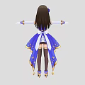 Woman With Long Brown Hair And Purple Flower Accessory Wearing Blue White Dress Long Gloves