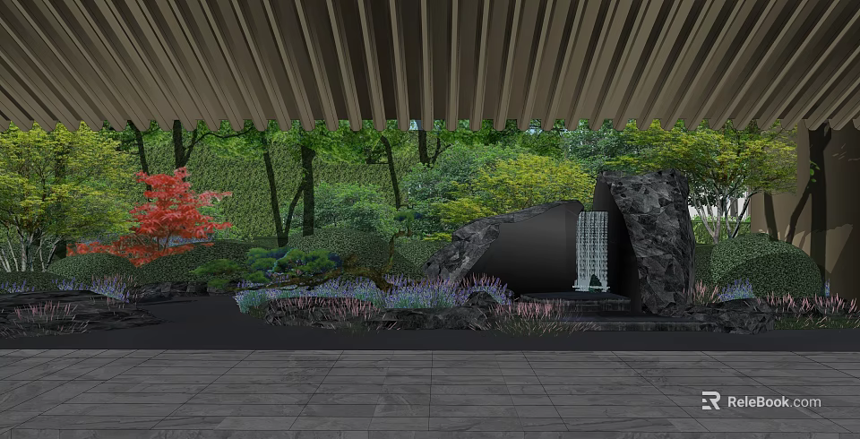 Garden Landscape Design With Lush Green Plants Rock Formation And Waterfall Feature 3d model 