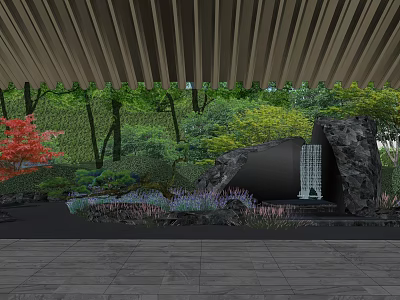 Garden Landscape Design With Lush Green Plants Rock Formation And Waterfall Feature 3d model