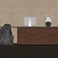 Modern Front Desk Reception With Wooden Cabinet Stone Countertop Apple iMac And Table Lamp