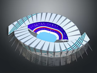 Modern Stadium Architecture With Curved Stands Blue Field Red Purple Sections 3d model