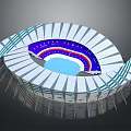 Modern Stadium Architecture With Curved Stands Blue Field Red Purple Sections