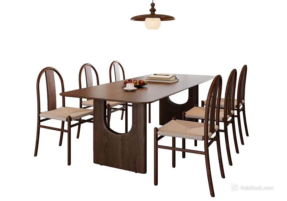 Solid Wood Dining Table Set With Six Curved Backrest Chairs And Hanging Pendant Light 3d model