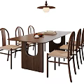 Solid Wood Dining Table Set With Six Curved Backrest Chairs And Hanging Pendant Light 3d model