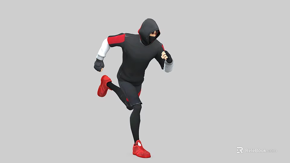 A Man Running In Black Hoodie With Red Shoes And White Sleeves On Gray Background 3d model 