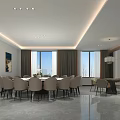 Modern Private Dining Room Interior With Large Table Chairs Windows And Decorative Paintings 3d model