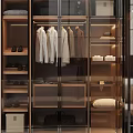 Modern Glass Door Wardrobe With Clothing Hanging Area And Wooden Storage Shelves