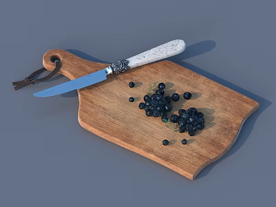 Practical Wooden Cutting Board with Sharp Knife and Fresh Black Berries Tableware Set 3d model