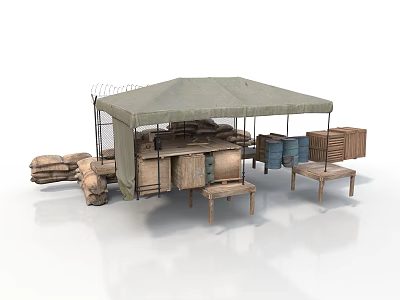 Outdoor Market Stall With Canvas Canopy Wooden Crates Sacks And Tables 3d model