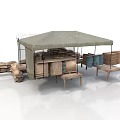 Outdoor Market Stall With Canvas Canopy Wooden Crates Sacks And Tables