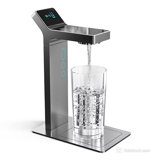 Sleek Modern Faucet With Water Flowing Into Glass Cup And LED Indicators 3d model 