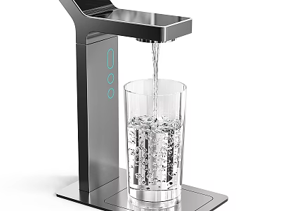 Sleek Modern Faucet With Water Flowing Into Glass Cup And LED Indicators 3d model