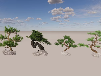 Ornamental Arbor Trees with Different Shapes on Stone Bases Against Blue Sky and White Clouds 3d model