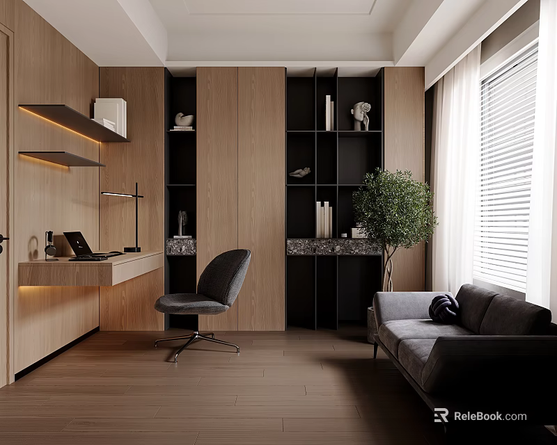 Modern Home Office Interior With Wooden Desk Black Bookshelf Green Plant And Window Blinds 3d model 