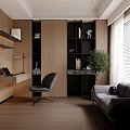 Modern Home Office Interior With Wooden Desk Black Bookshelf Green Plant And Window Blinds